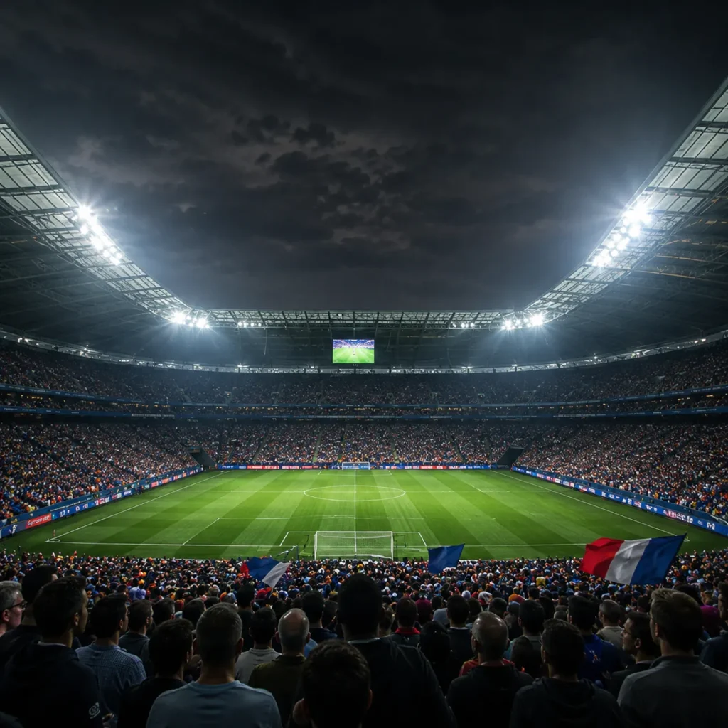 Packed stadium under bright floodlights